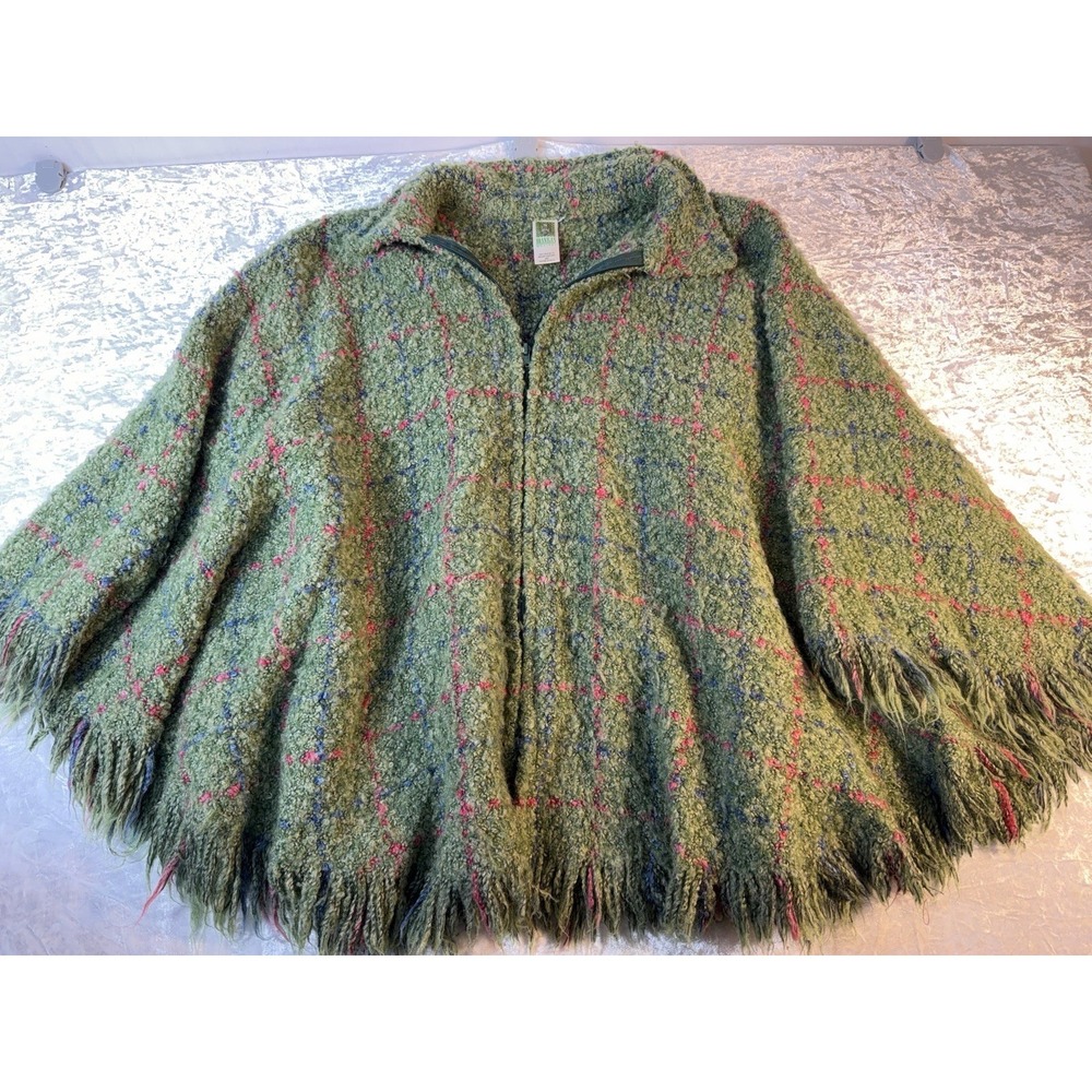 Branigan Weavers Wool Poncho Cape Ireland Green Plaid Fringe Zip Vintage